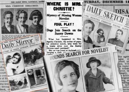 Montagem com as machetes de jornal que anunciaram o desaparecimento de Agatha Christie