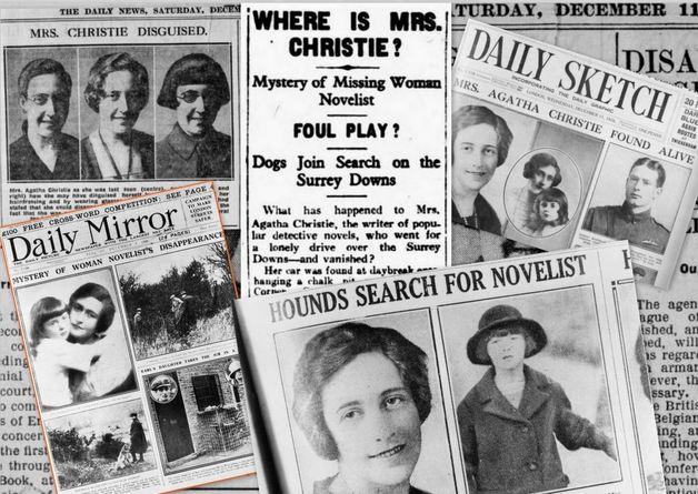 Montagem com as machetes de jornal que anunciaram o desaparecimento de Agatha Christie